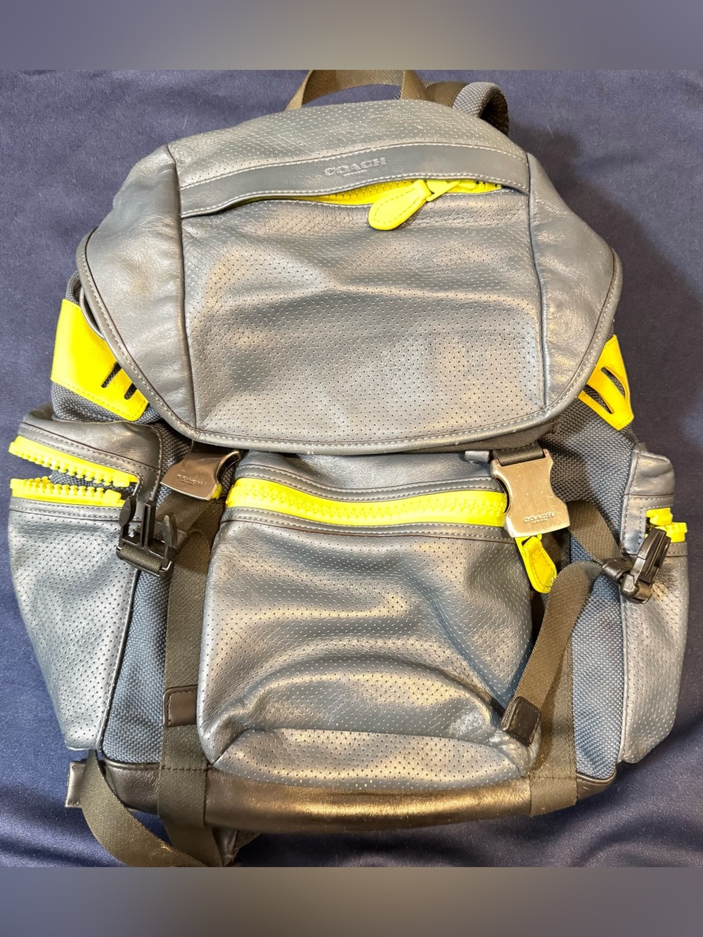 Coach Gray and Yellow Leather Men's Backpack